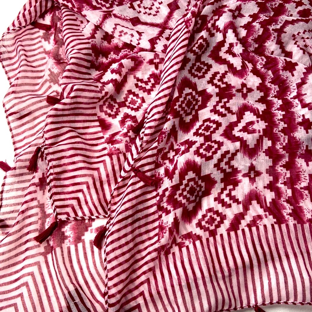 Tasseled Native inspired pattern scarf 42” square